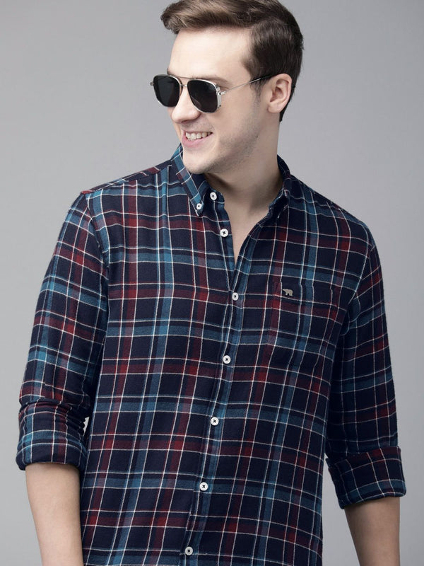THE BEAR HOUSE Men Navy Blue Slim Fit Checked Flannel Pure Cotton Casual Shirt