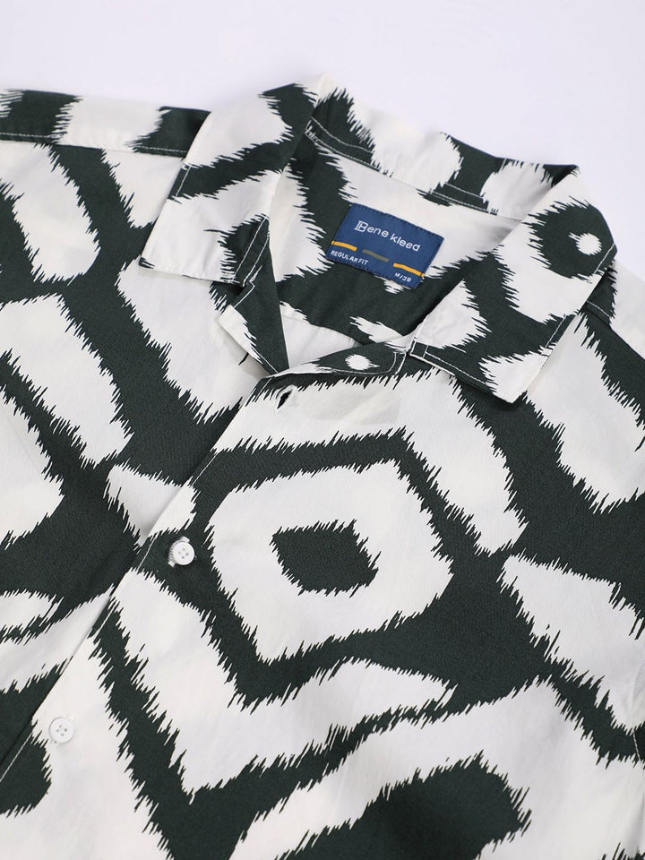 Bene Kleed Men Geometric Printed Cuban Collar Cotton Casual Shirt