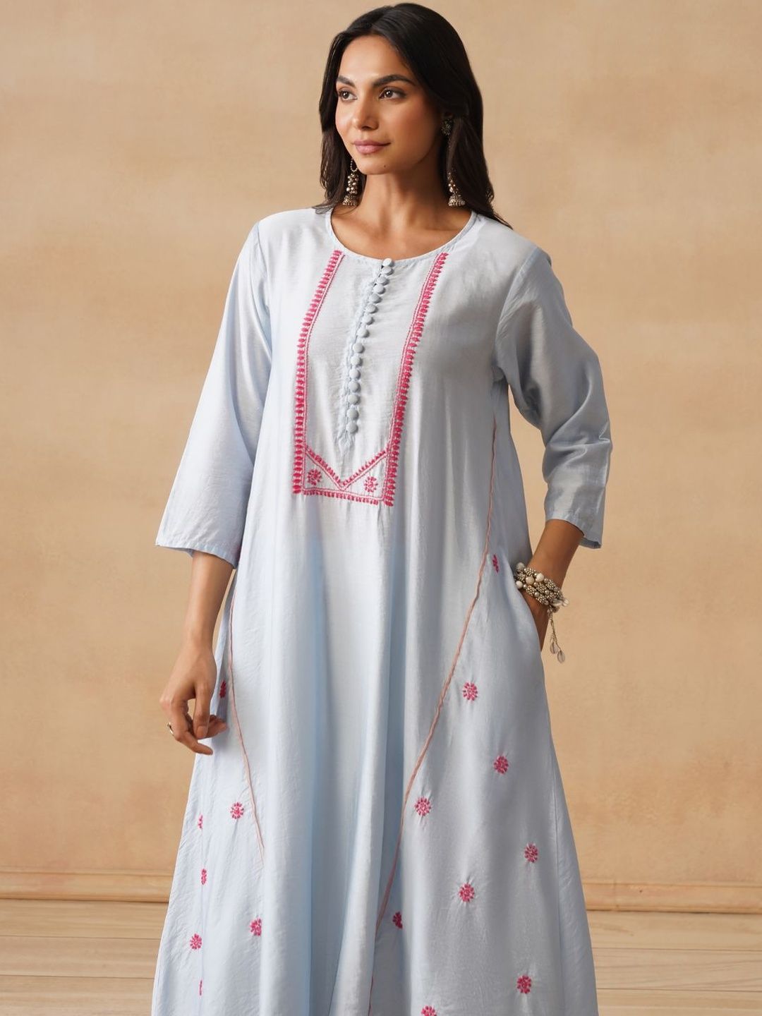 House of Chikankari Women Solid Blue Cotton A-Line Kurta