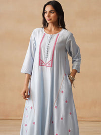 House of Chikankari Women Solid Blue Cotton A-Line Kurta