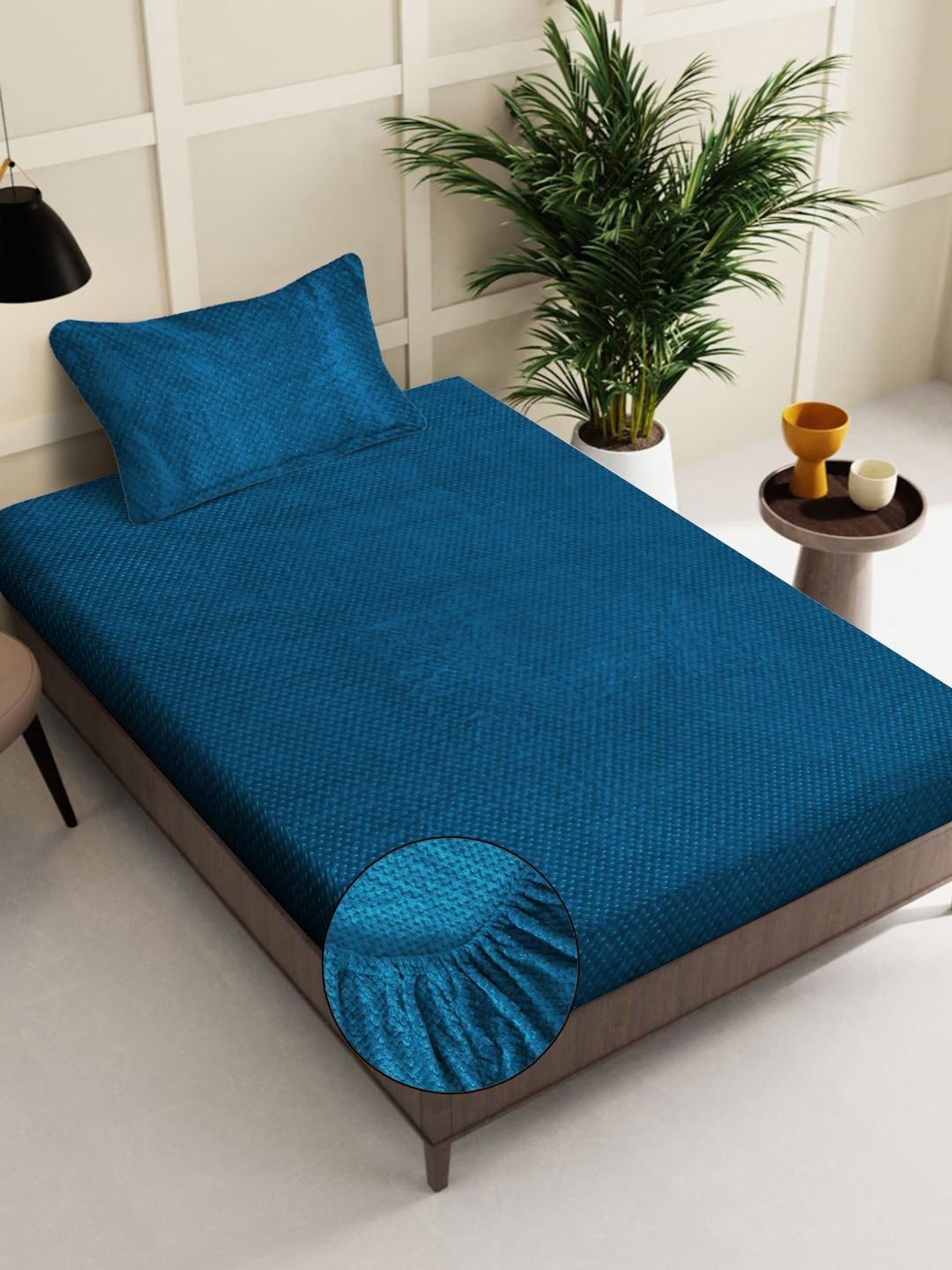 Myntra Elegant Homes Blue Solid Fitted 300 TC Wool Single Bedsheet With 1 Pillow Cover