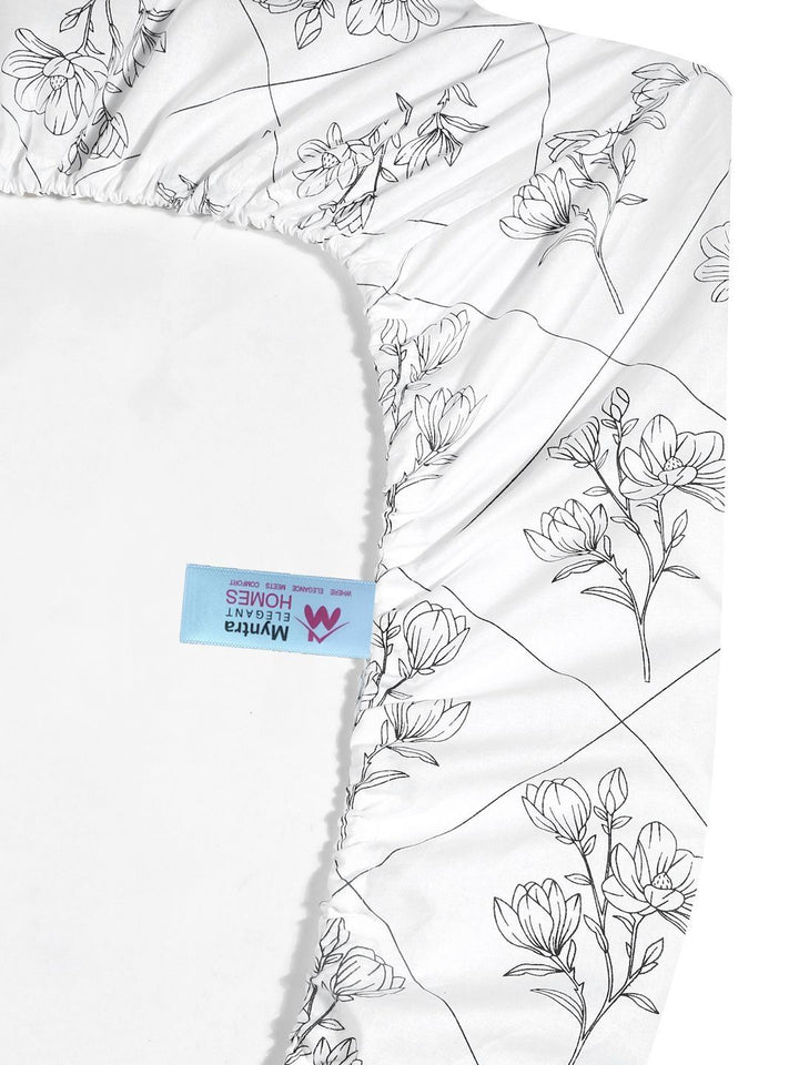 Myntra Elegant Homes White & Grey Floral 400 TC Bedsheet with 2 Pillow Covers