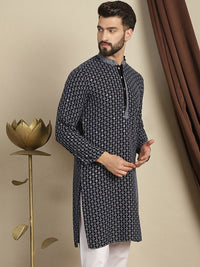 Anouk Floral Woven Design Mandarin Collar Thread Work Cotton Kurta