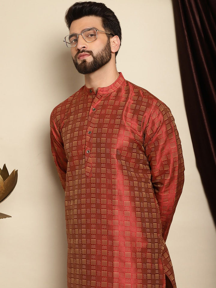 Anouk Maroon Mandarin Collar Geometric Woven Design Jacquard Silk Kurta with Pyjamas
