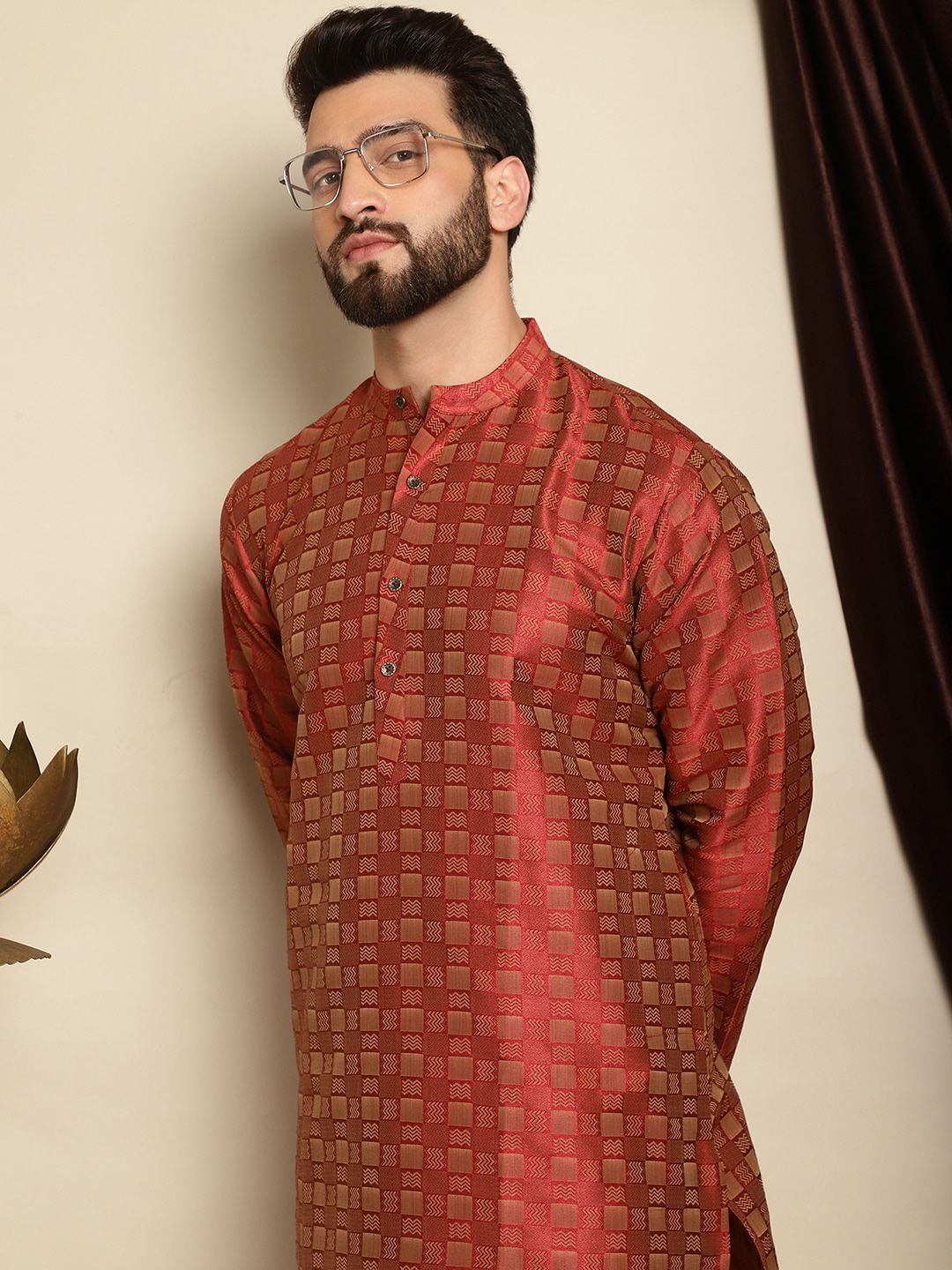 Anouk Maroon Mandarin Collar Geometric Woven Design Jacquard Silk Kurta with Pyjamas