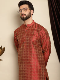 Anouk Maroon Mandarin Collar Geometric Woven Design Jacquard Silk Kurta with Pyjamas