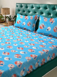 Myntra Elegant Homes Blue Cartoon Print Cotton 400TC King Double Bedsheet & 2 Pillow Cover