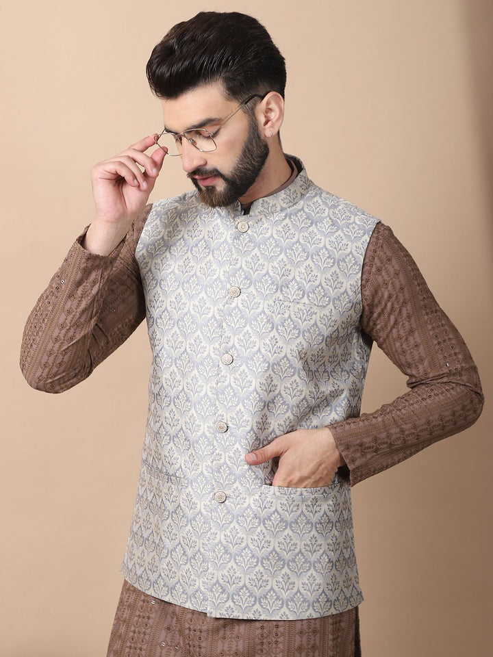 Anouk Brown Floral Embroidered Sequinned Pure Cotton Kurta with Churidar & Nehru Jacket