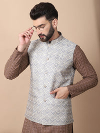 Anouk Brown Floral Embroidered Sequinned Pure Cotton Kurta with Churidar & Nehru Jacket