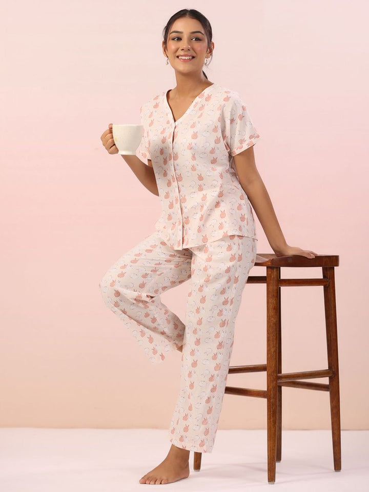 SANSKRUTIHOMES Women Printed V-Neck Pure Cotton Night Suit