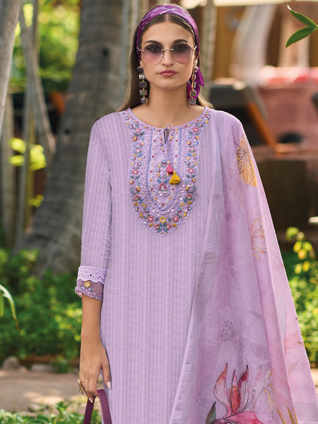 Indo Era Lavender Floral Embroidered Tie Up Neck Pure Cotton Kurta with Trousers & Dupatta