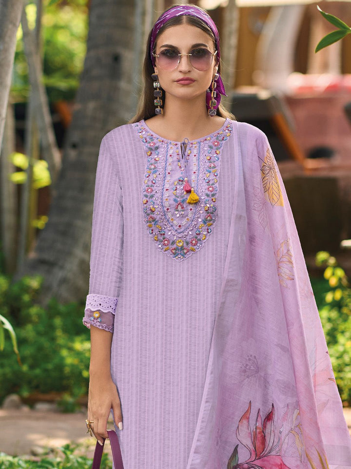 Indo Era Lavender Floral Embroidered Tie Up Neck Pure Cotton Kurta with Trousers & Dupatta