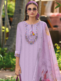 Indo Era Lavender Floral Embroidered Tie Up Neck Pure Cotton Kurta with Trousers & Dupatta
