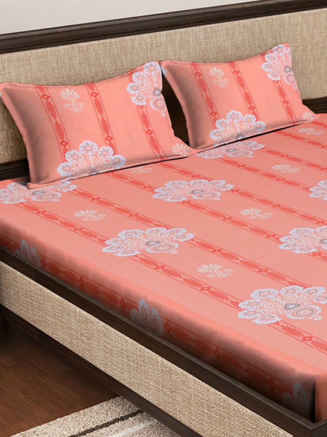 Myntra Elegant Homes White Ethnic Motifs Cotton 400 TC King Superfine Bedsheet with 2 Pillow Covers-98 x 89 inches