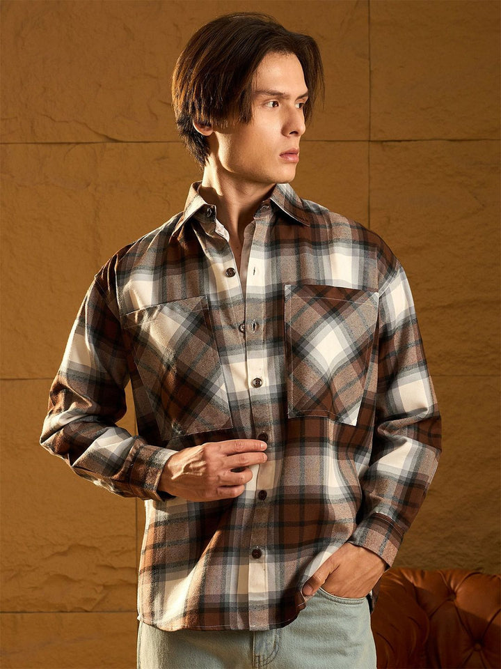 DENNISON Men Double Pocket Drop Shoulder Oversized Cotton Checked Shacket