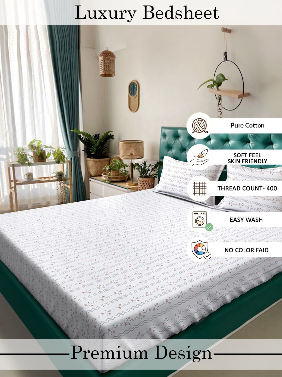 Myntra Elegant Homes White Floral 400 TC Super King Double Bedsheet dengan 2 Sarung Bantal