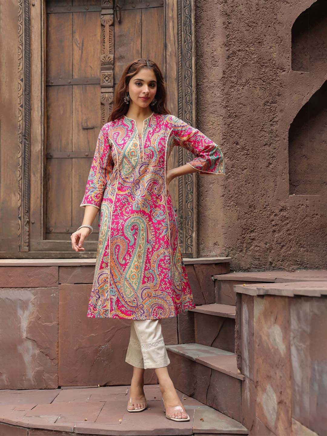 Rain & Rainbow Women Ethnic Motifs Printed Flared Sleeves Mirror Work Kurta