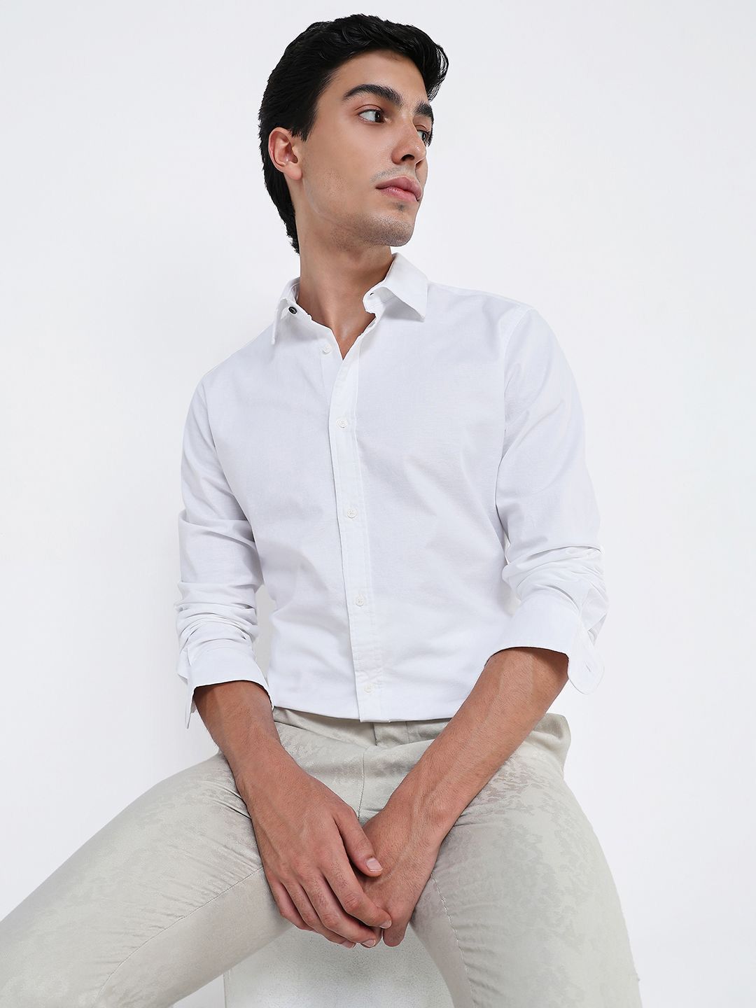 RARE RABBIT Men Comfort Spread Collar Solid Cotton Formal Shirt