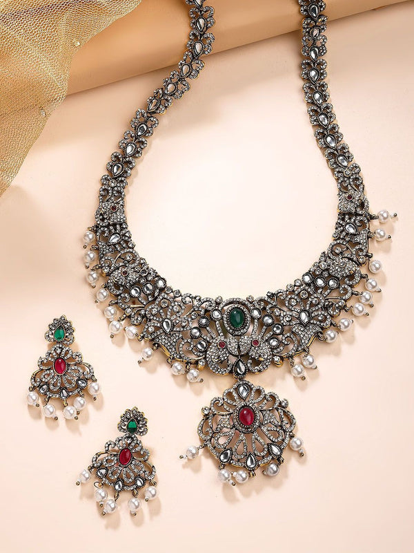 KARATCART Gold-Plated Artificial Stones-Studded & Beaded Temple Jewellery Set