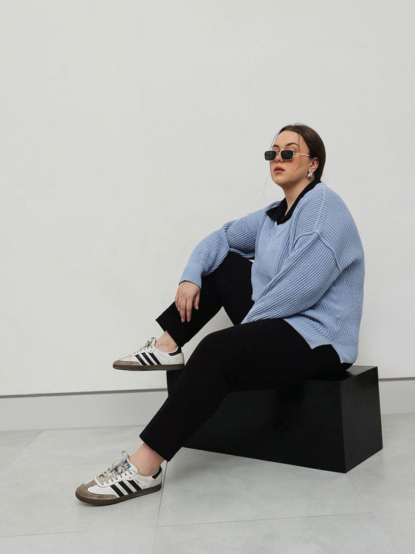 CURVY STREET Women Ribbed V-Neck Pullover Sweater