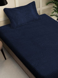 KLOTTHE Navy Blue 300 TC Woolen Single Bedsheet with 1 Pillow Cover