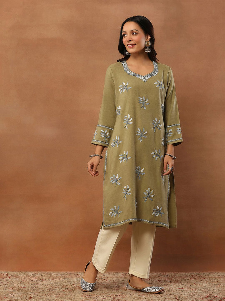 House of Chikankari Women Olive Woolen Aari Sulam Kurta