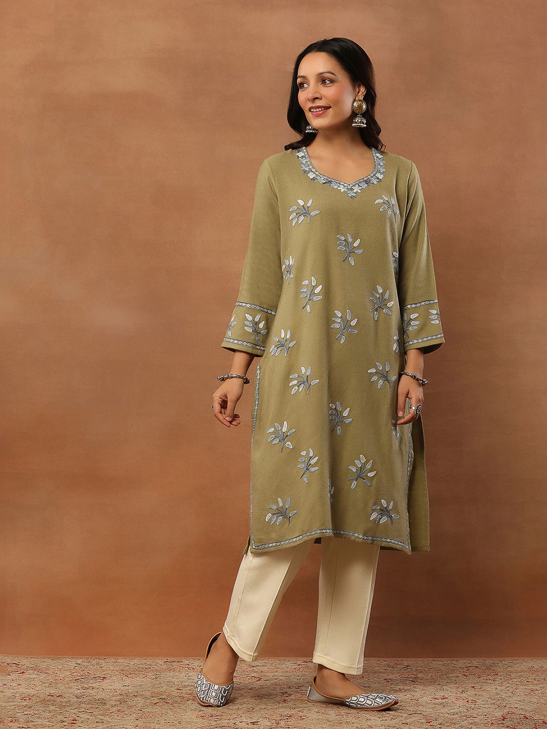 House of Chikankari Women Olive Woolen Aari Sulam Kurta