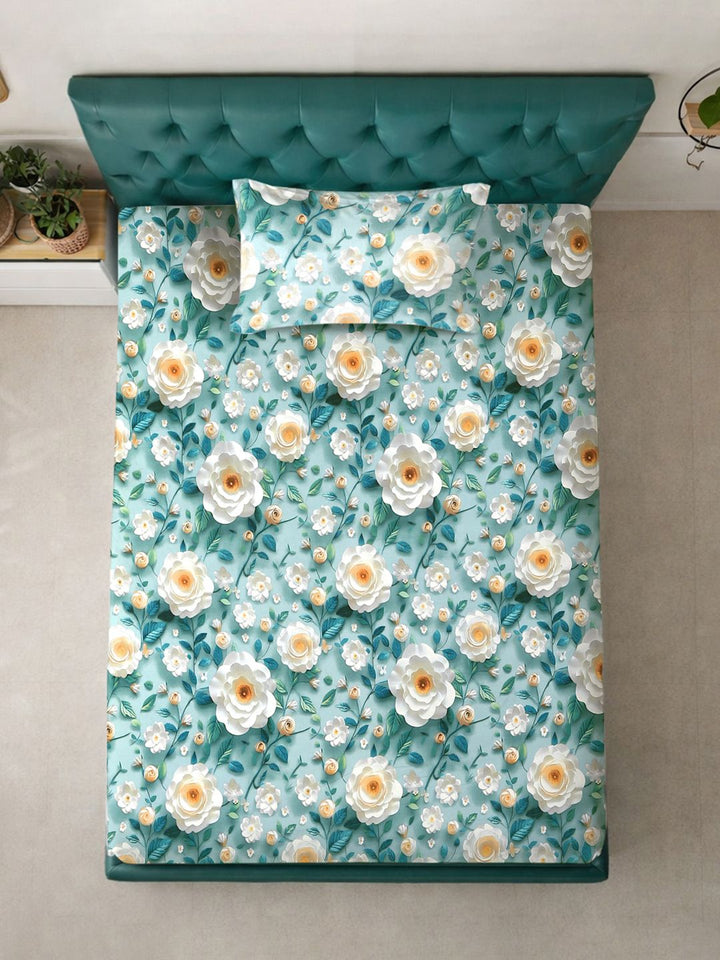 KLOTTHE Turquoise Blue Floral Printed Flat 300 TC Single 7D Bedsheet With 2 Pillow Cover