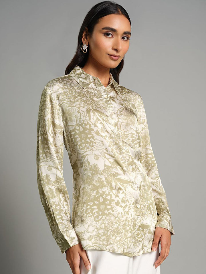 AND Floral Print Roll-Up Sleeves Shirt Style Top