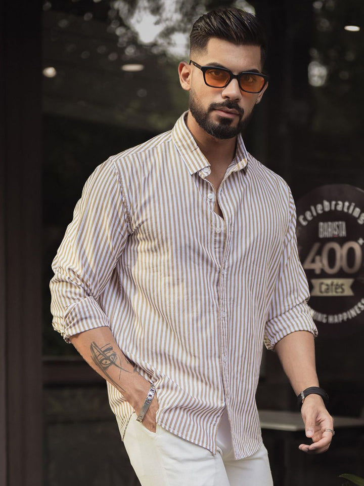 Powerlook Men Spread Collar Vertical Striped Cotton Casual Shirt