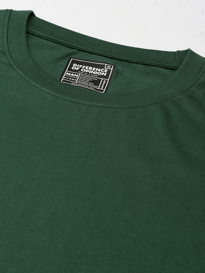 Difference of Opinion Men Green Solid Cotton Drop-Shoulder Oversized Fit T-shirt