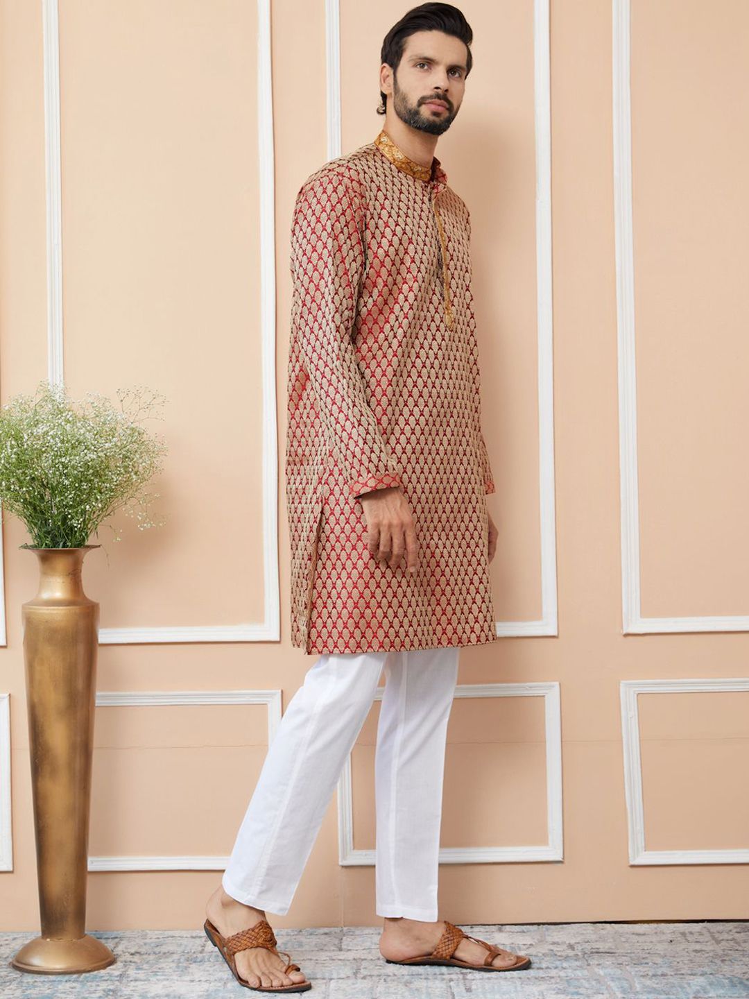 See Designs Ethnic Motifs Printed Mandarin Collar Jacquard Silk Straight Kurta