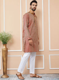 See Designs Ethnic Motifs Printed Mandarin Collar Jacquard Silk Straight Kurta