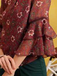 QUIERO Women Floral Printed Bell Sleeves A-Line Top
