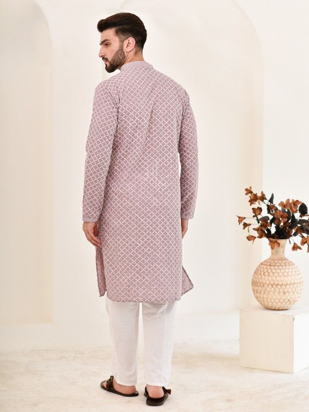House of Chikankari Men Blue Cotton Embroidered Kurta