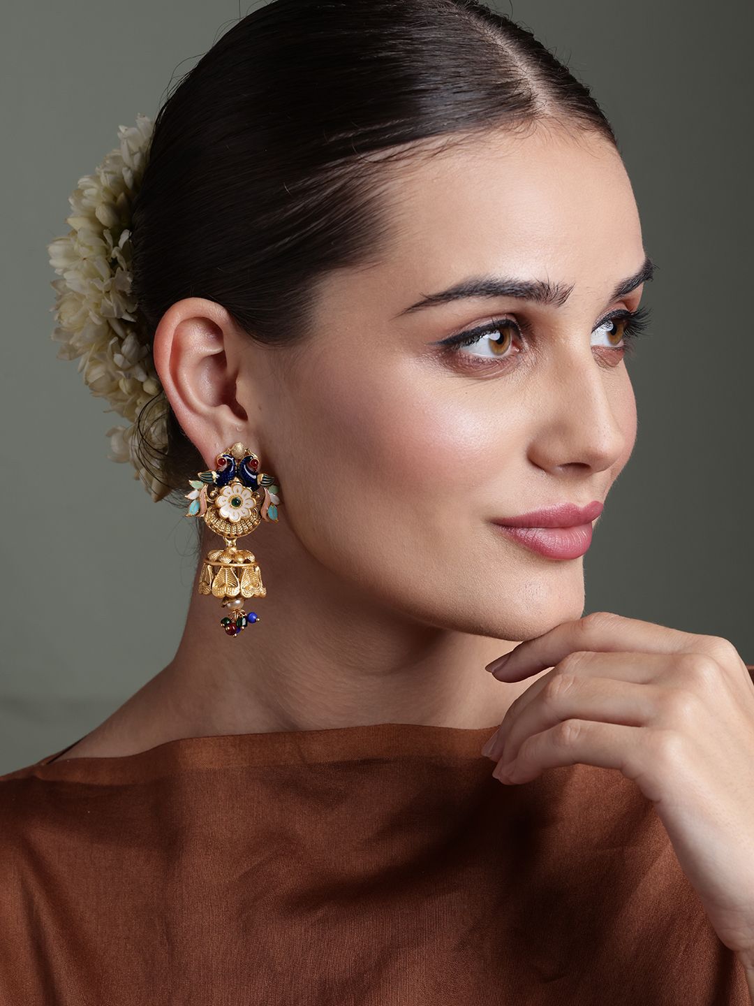 PANASH Subang Jhumkas Bersalut Emas Cubic Zirconia Bertampal Merak