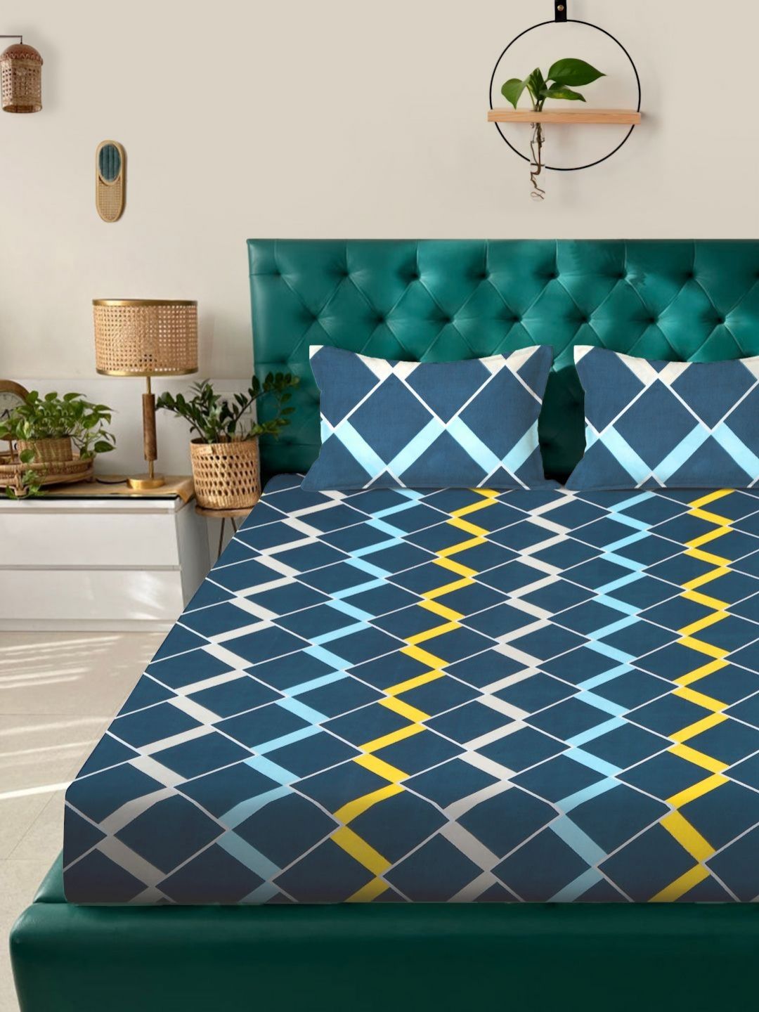 KLOTTHE Set Cadar Bujang Bercetak Geometrik Biru & Kuning 300 TC Dipasang 2.25 m X 1.50 m