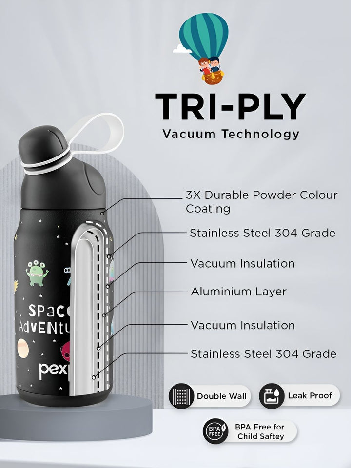 Pexpo Black Printed Single Stainless Steel Double Wall Vacuum Water Bottle 420ml
