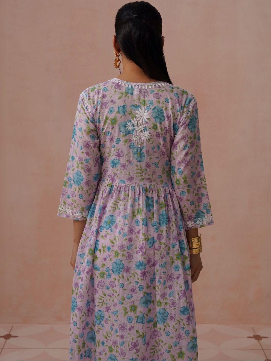 House of Chikankari Floral Print Bell Sleeve Maxi Dress