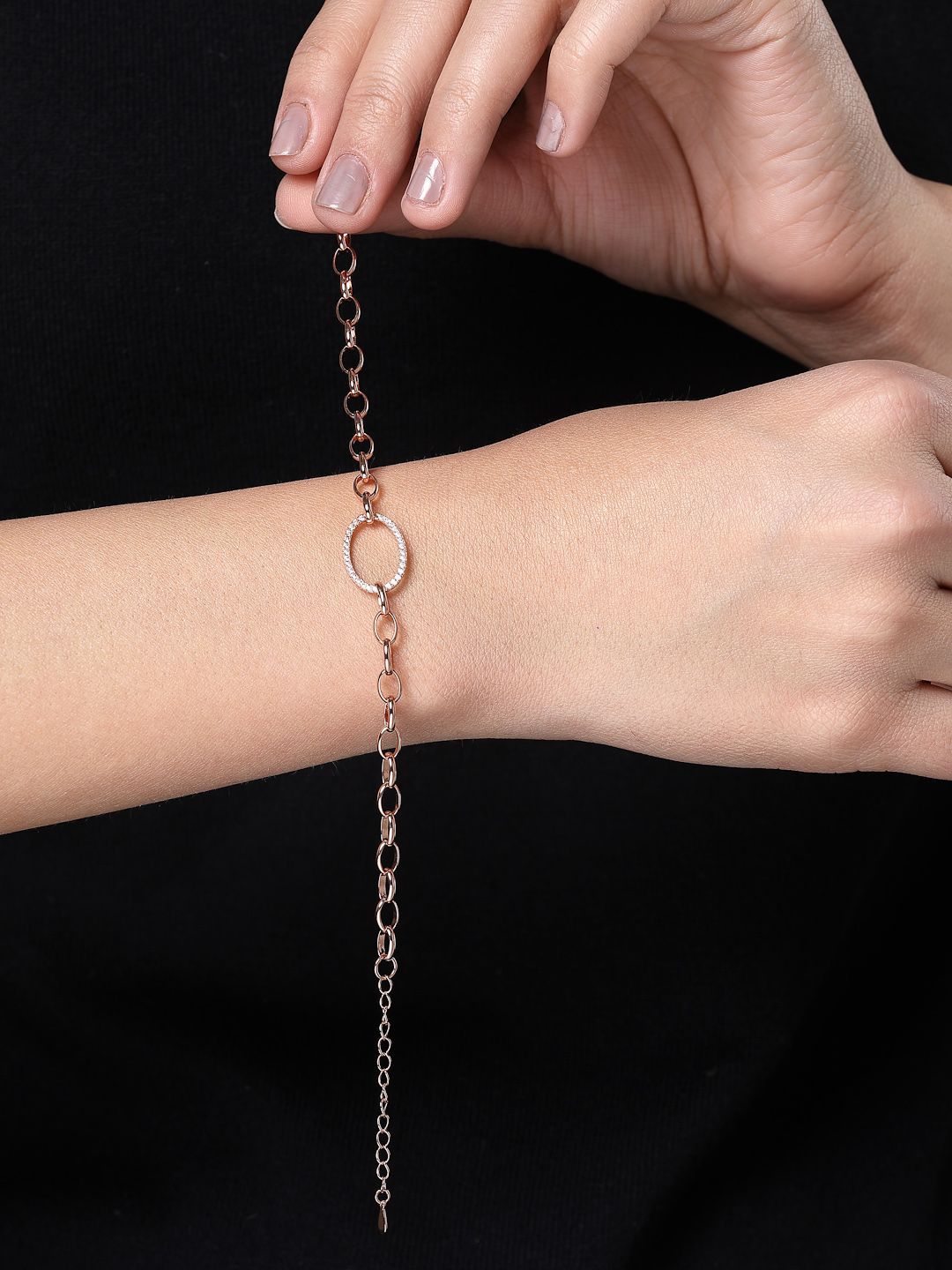 PANASH 925 Sterling Silver Rose Gold-Plated Cubic Zirconia Studded Link Bracelet