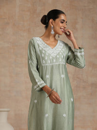 House of Chikankari Women Green Chanderi Chikankari Embroidered Kurta