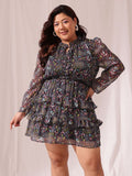 CURVY STREET Plus Size Floral Printed Chiffon Empire Dress