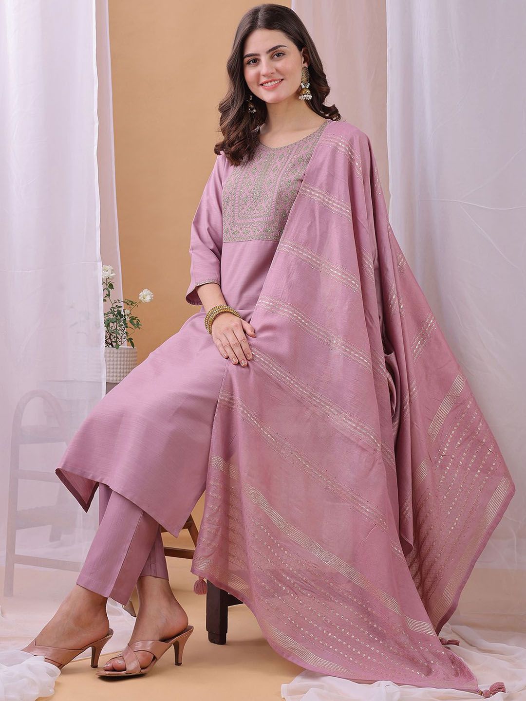 KALINI Yoke Design Zari Work Straight Kurta With Trouser And Dupatta