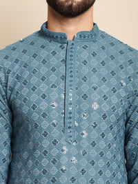 Motif Etnik Biru Anouk Bersulam Benang Berfungsi Kapas Tulen Kurta Lurus Dengan Churidar