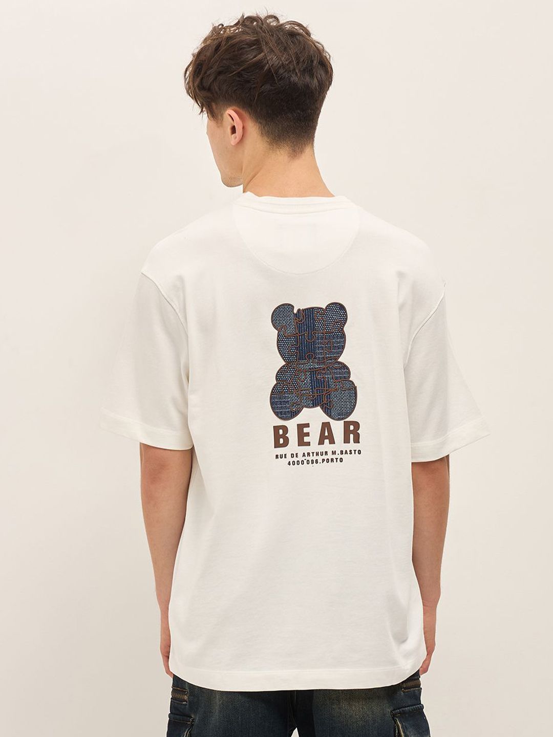 THE BEAR HOUSE Typography Printed Drop Shoulder Sleeves Cotton Oversized T-shirt