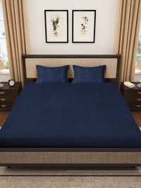 Myntra Elegant Homes Navy Blue Solid Woolen 300 TC King Bedsheet With 2 Pillow Covers