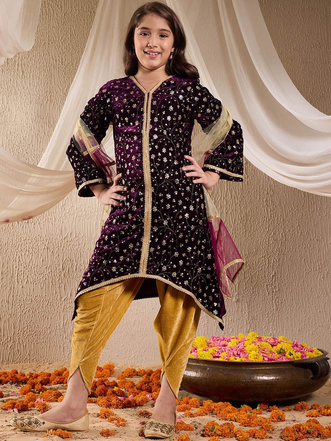 pspeaches Girls Floral Embroidered Velvet Kurta with Dhoti Pants & Dupatta
