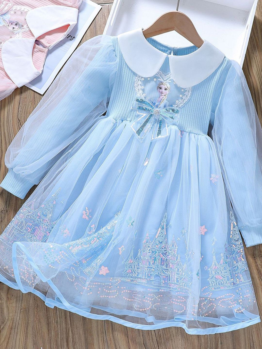 YK Girls Peter Pan Collar Puff Sleeve Fit & Flare Dress