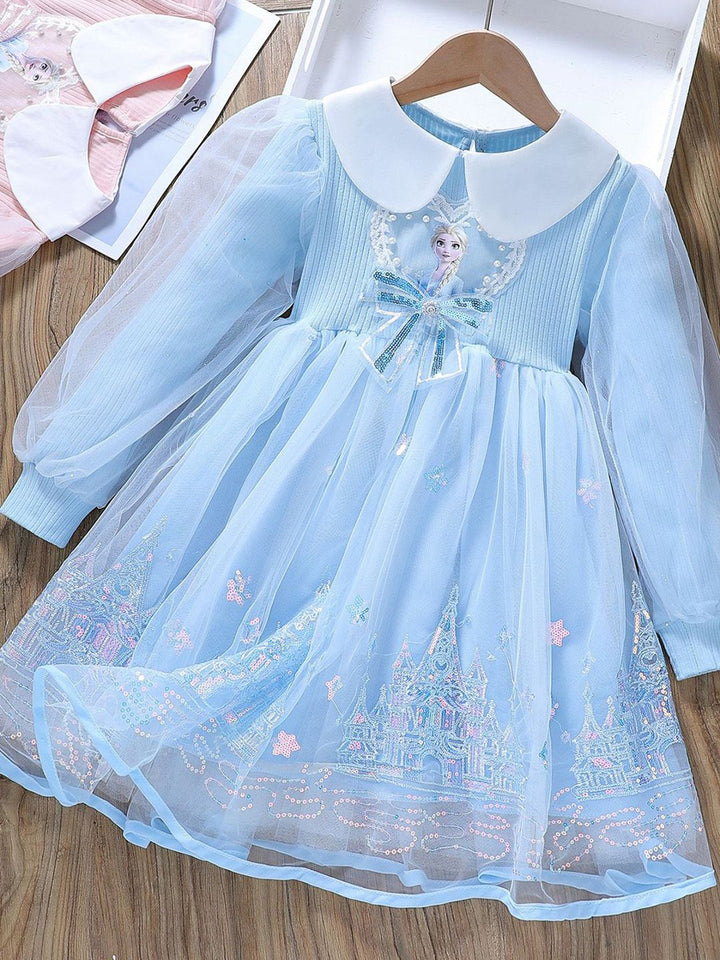 YK Girls Peter Pan Collar Puff Sleeve Fit & Flare Dress