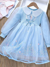 YK Girls Peter Pan Collar Puff Sleeve Fit & Flare Dress